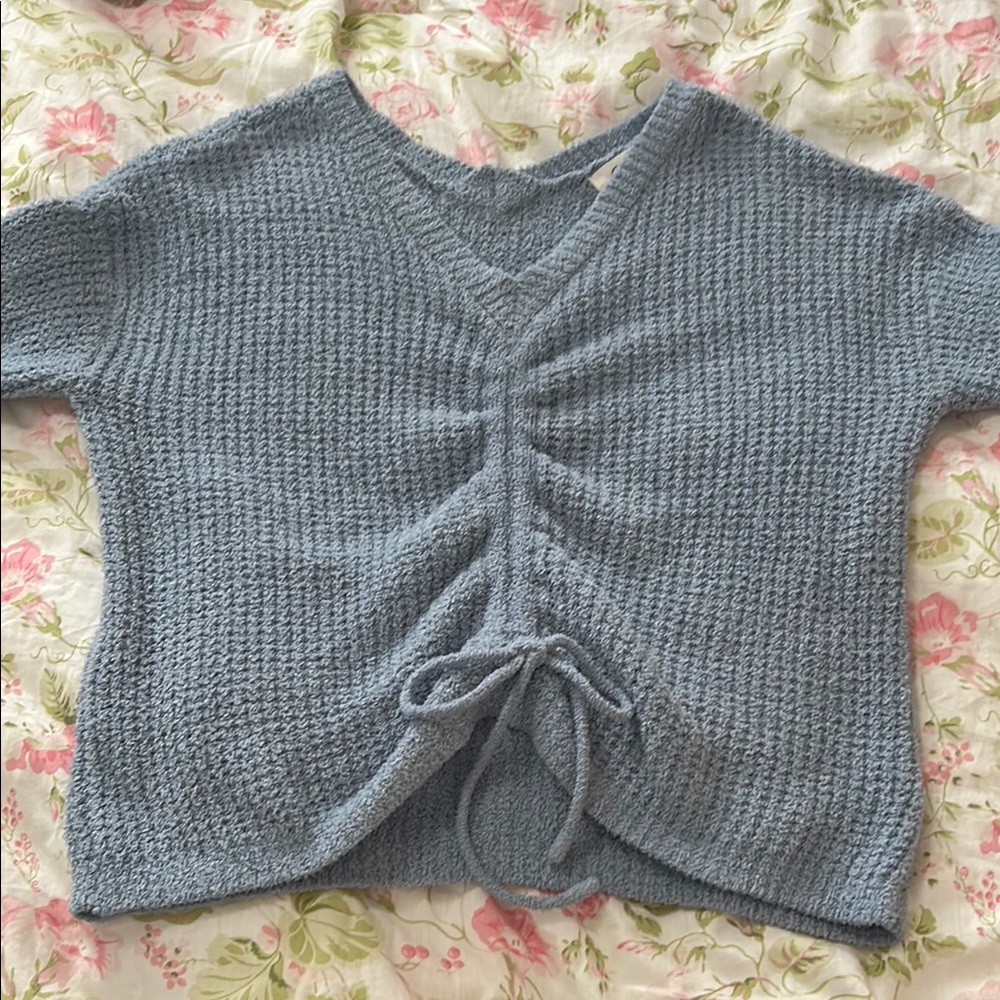 Jessica Simpson Blue V-Neck Sweater with Ruched Front
